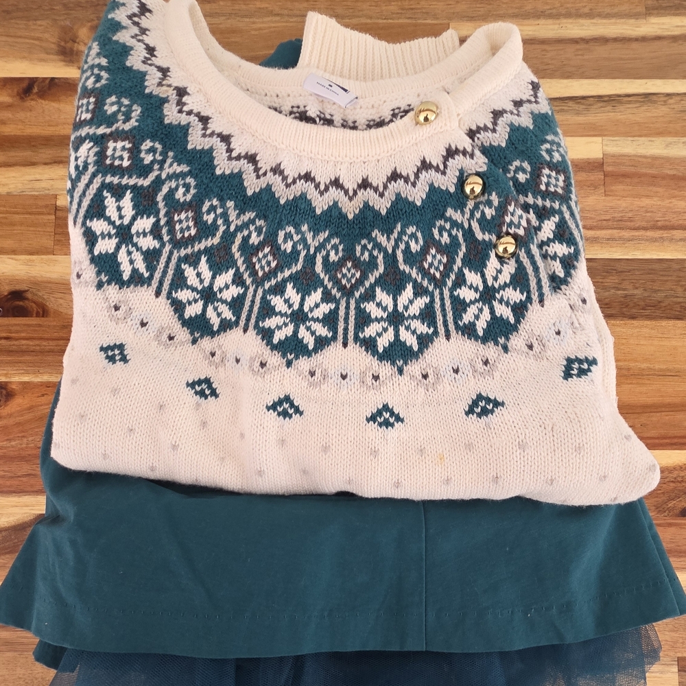 Janie and Jack Cream and Teal Patterned Sweater